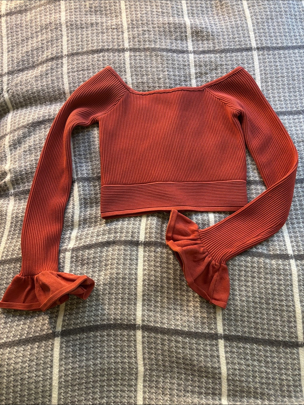 Gianni Bini Rust Off-the-Shoulder Ribbed Sweater with Ruffle Cuffs